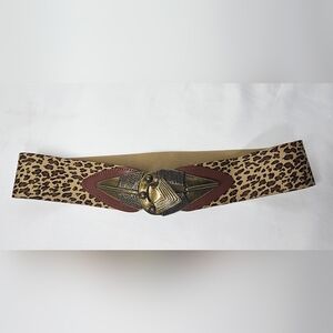 Vtg Omega Leopard Print Elastic Cinch Belt Made in USA Brass Buckle Med 29.5"